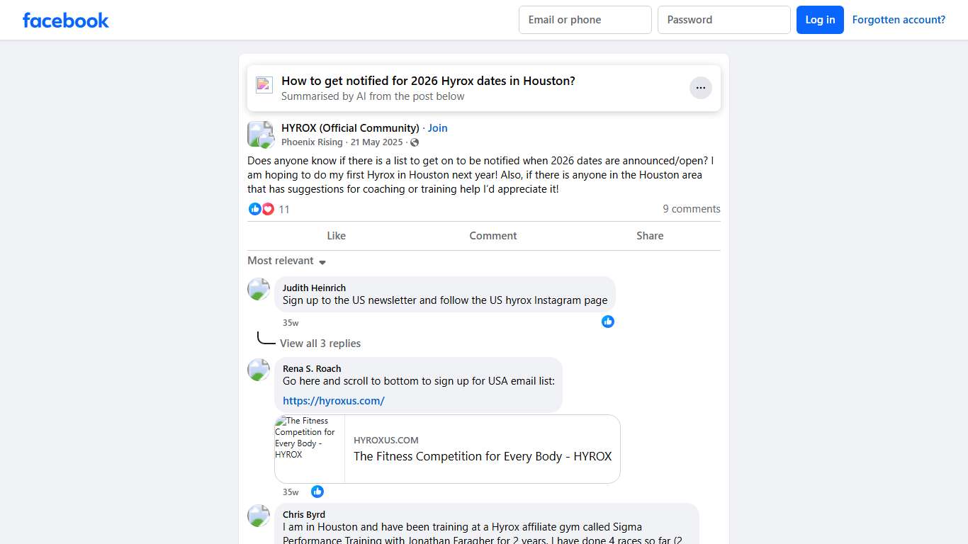 HYROX (Official Community) Does anyone know if there is a list to get on to be notified when 2026 dates are announced/open Facebook